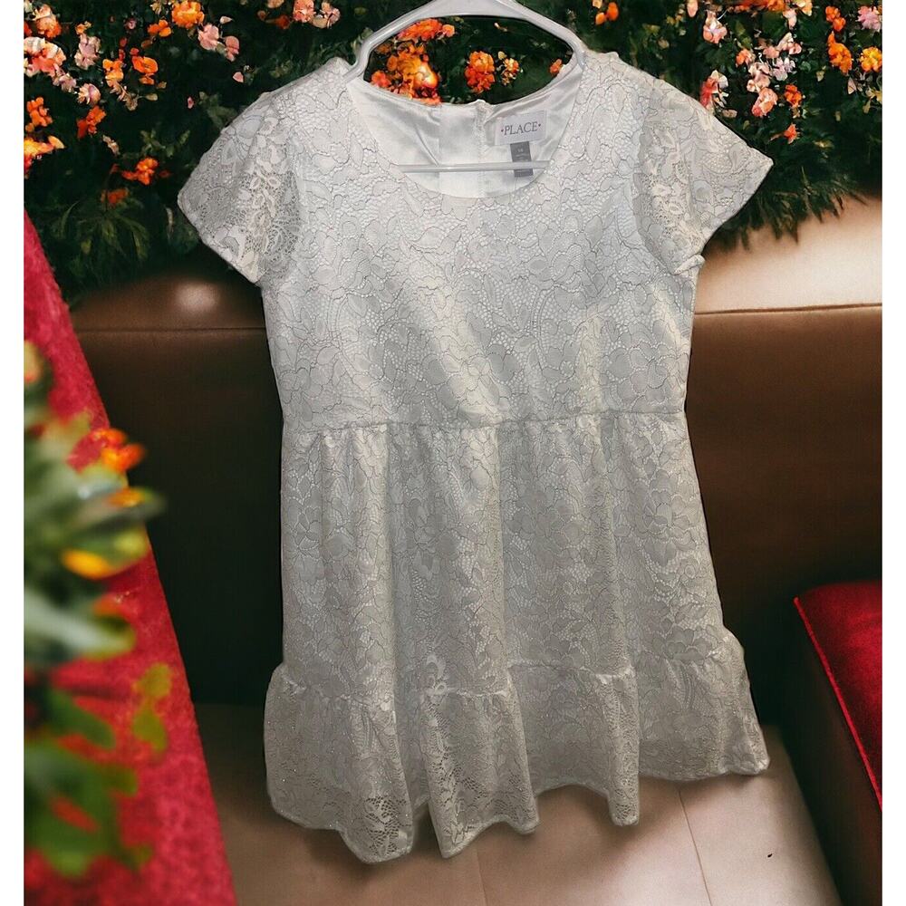 The Childrens Place Girls Dress Size 14 XL Short Sleeve White Floral Lace Silver